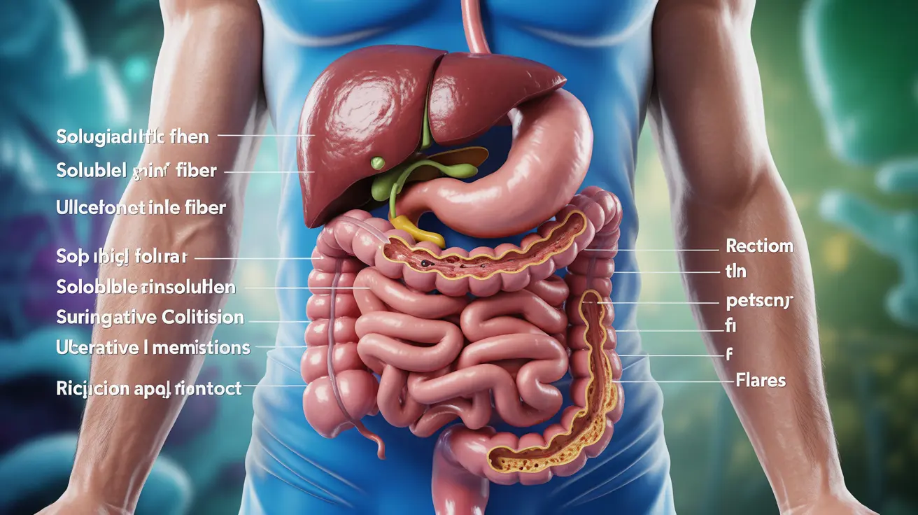 Illustration of human digestive tract showing impact of fiber on ulcerative colitis, medical style
