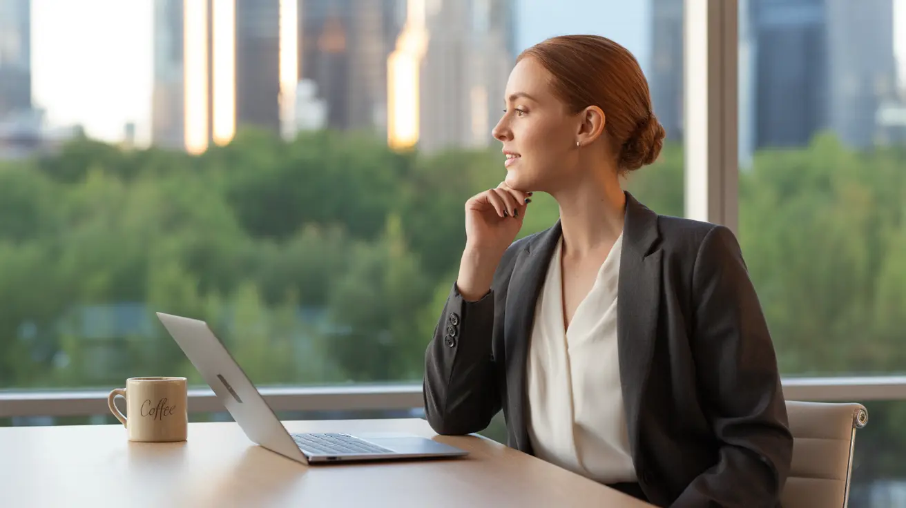 Person in office taking break from computer, looking out window at distant objects, with trees or buildings visible outside
