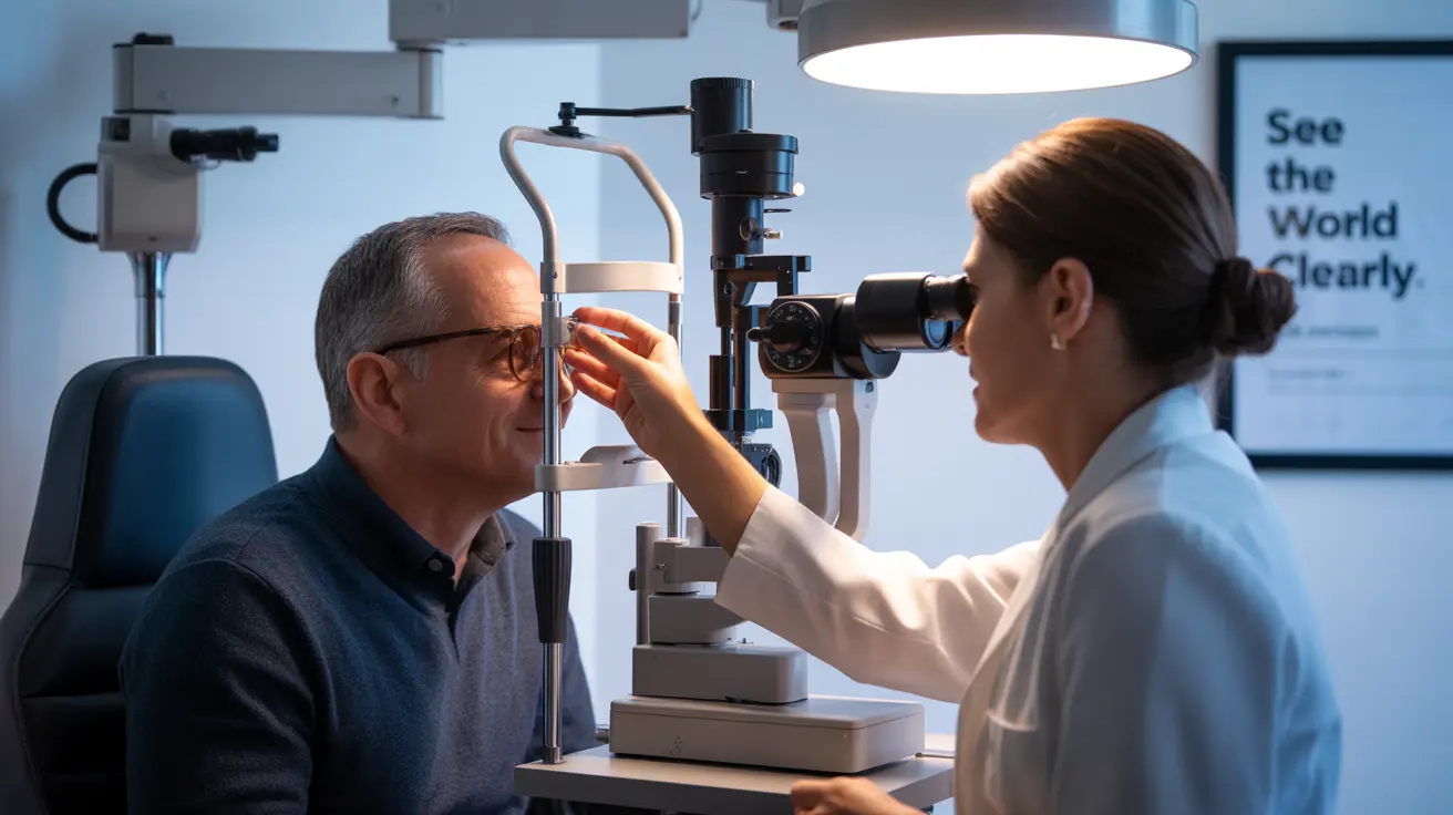 Patient sitting in a bright clinical ophthalmology office during a dilated eye examination, with eye drops and examination tools visible.