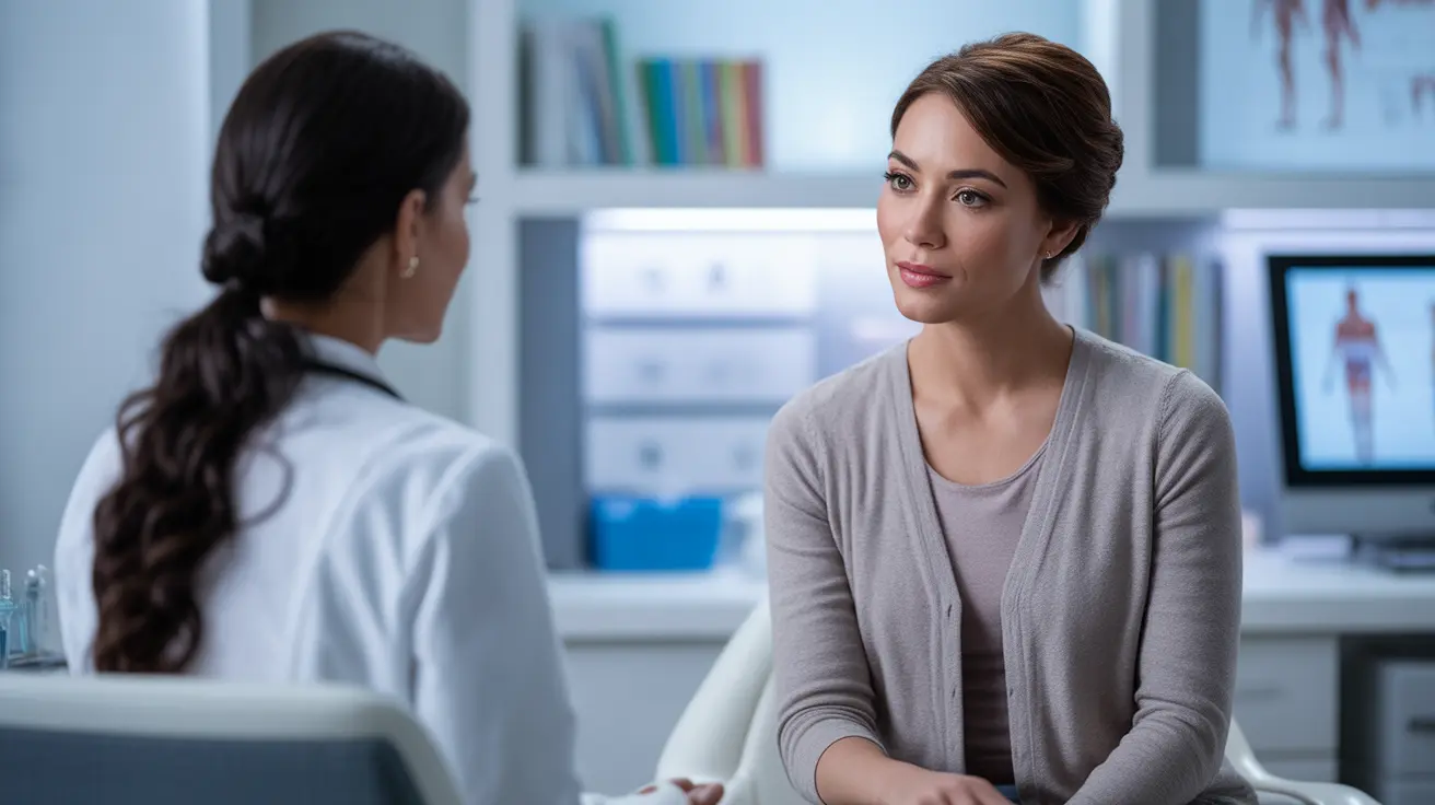 Person discussing tapering schedule with healthcare provider in a bright clinic, with medical charts in the background