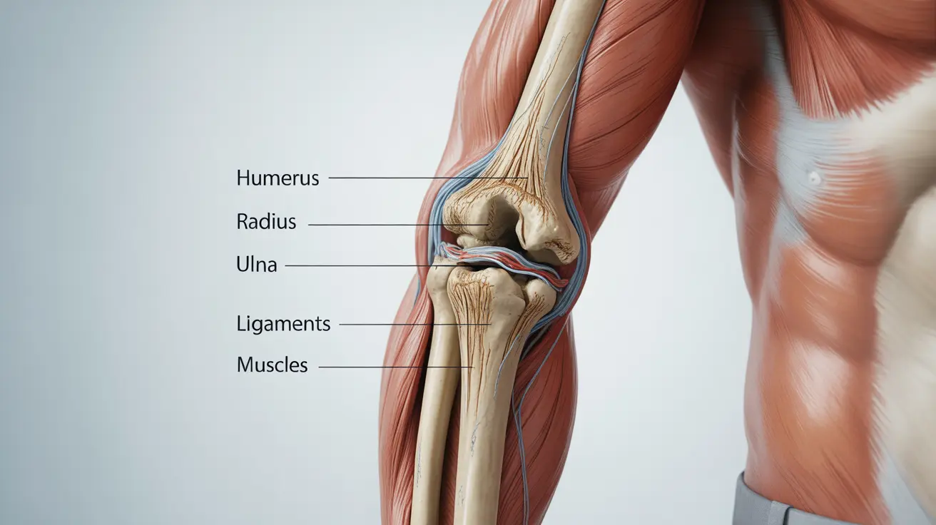 Detailed anatomical illustration of a dislocated elbow joint, highlighting the displacement of bones and surrounding tissues with labels for ligaments and muscles