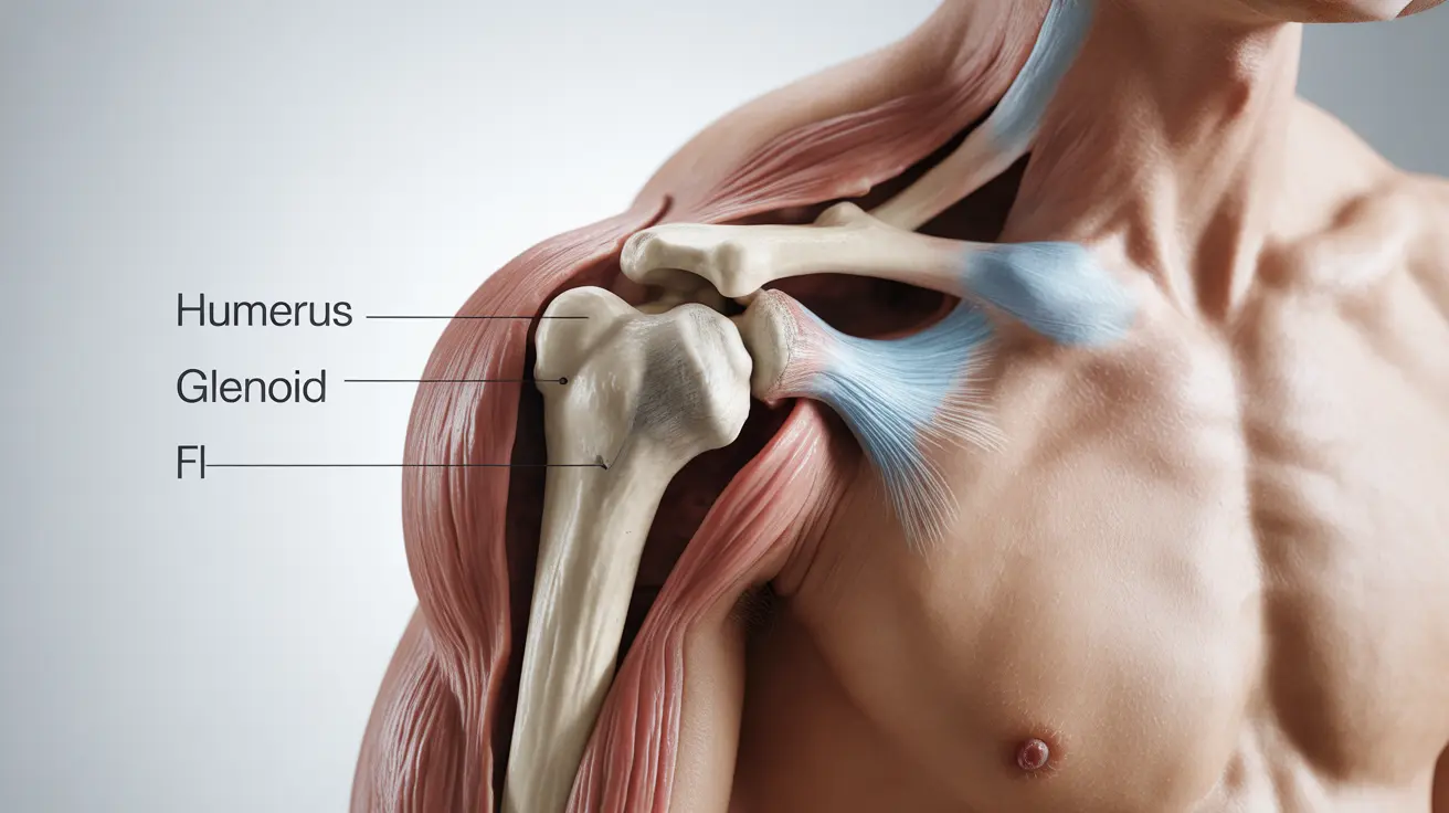 Detailed illustration comparing a dislocated shoulder with a normal shoulder, labeled parts like humerus and glenoid on a neutral background.