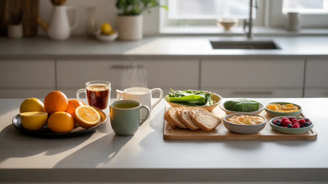 Modern kitchen with diuretic foods like coffee, tea, citrus on one side and bladder-friendly foods like non-citrus fruits, vegetables on the other.