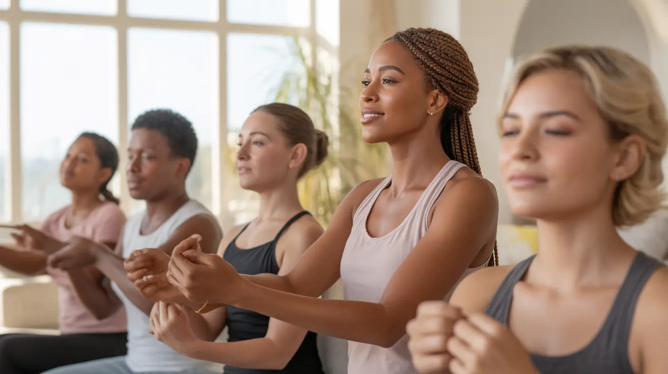 Diverse group of individuals demonstrating facial exercises in a modern living space, showcasing engaged expressions and motivation.