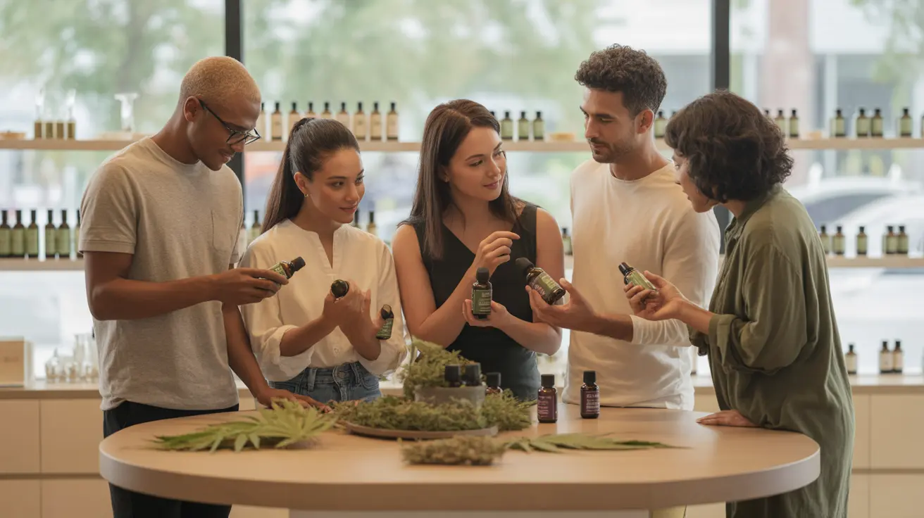 Diverse group of people examining CBD oil products in a bright wellness shop, showing interest and engagement with product labels