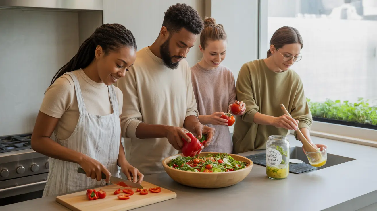 Diverse group of adults preparing healthy meals in a modern kitchen, chopping colorful vegetables, fresh ingredients, communal atmosphere
