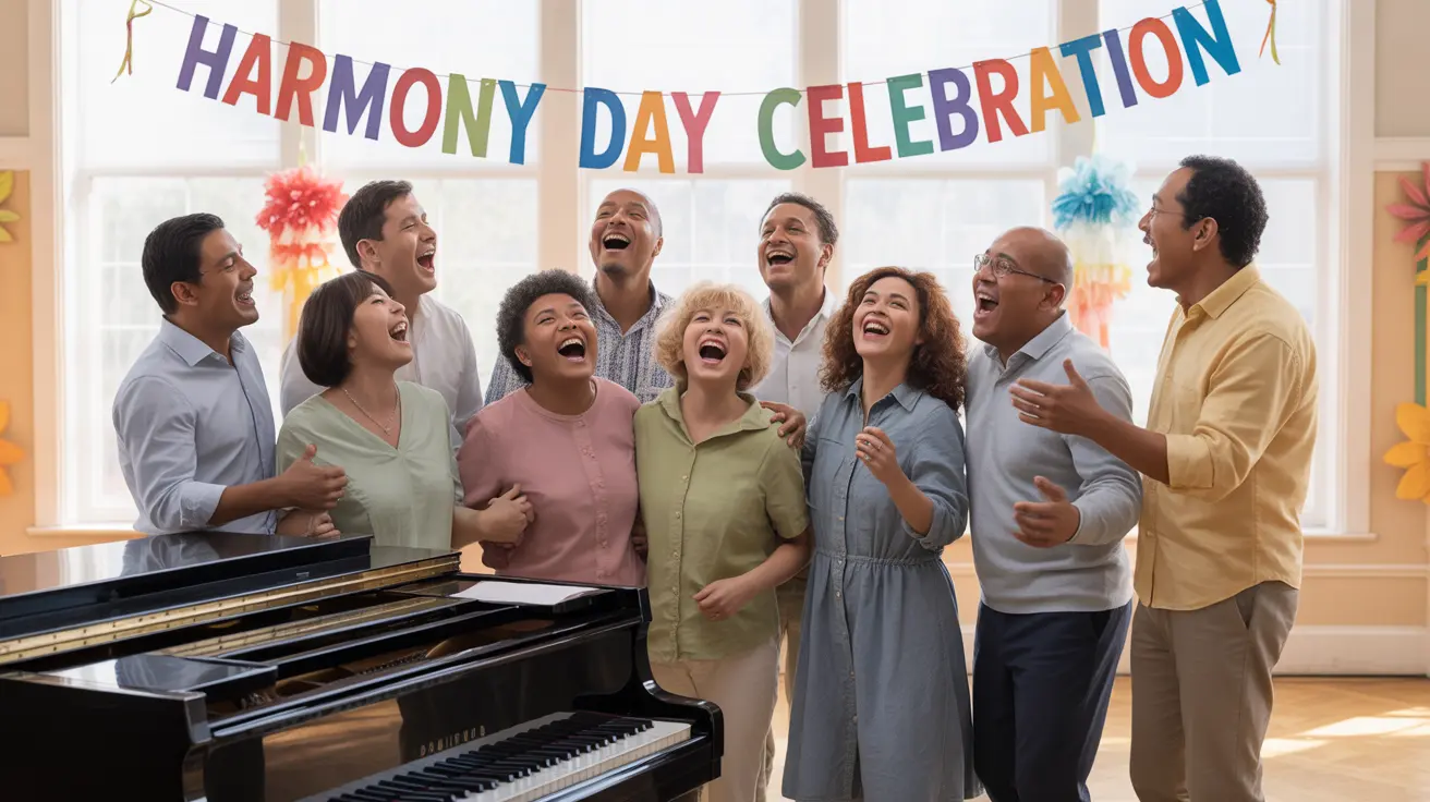 Diverse group of adults joyfully singing together in a community hall with a warm atmosphere and colorful decorations
