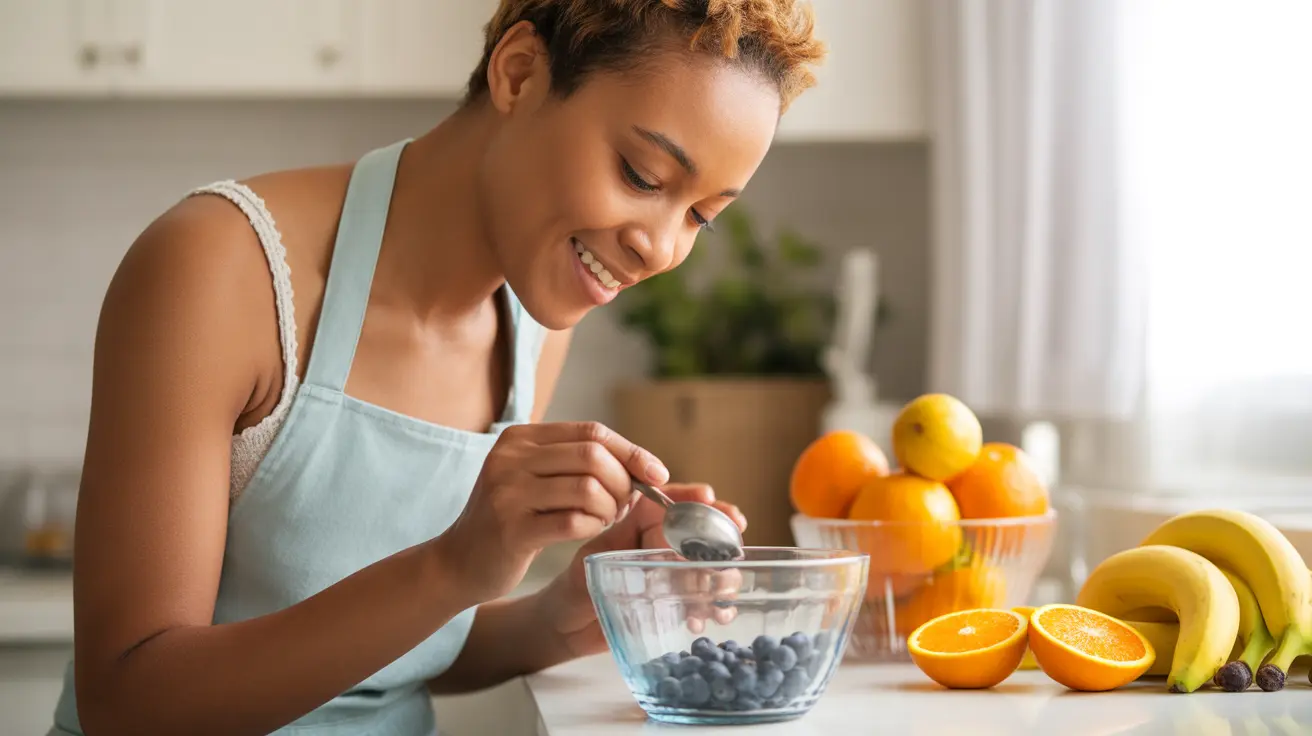 Diverse person measuring servings of fresh fruits on a bright kitchen counter with natural daylight filtering through a window.