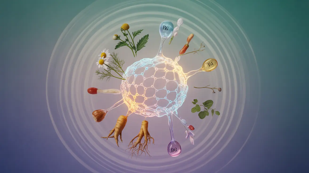 Abstract concept illustration of the dopamine molecule with vitamins and herbs, symbolizing supplements and dopamine production, in an informative setting