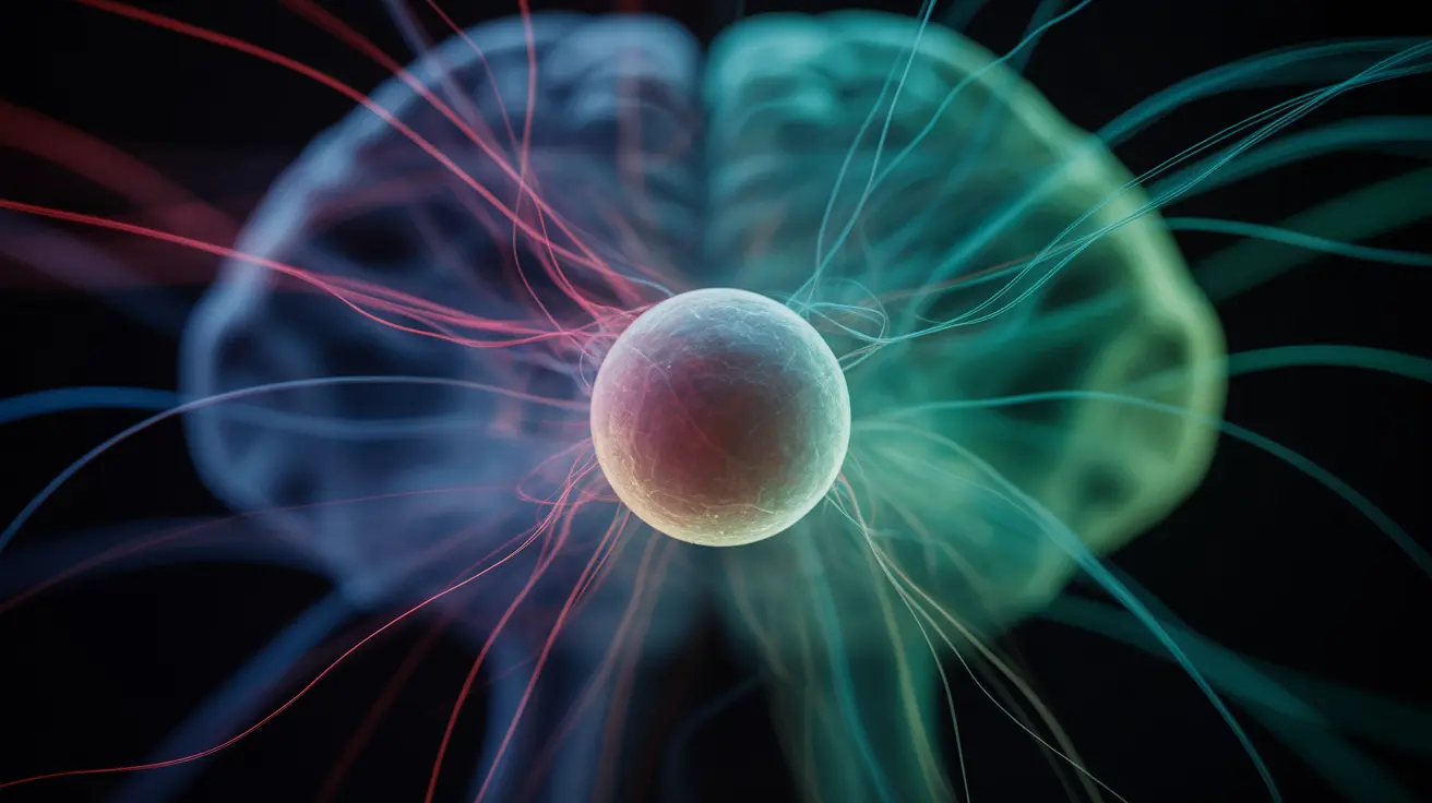 Abstract Concept, dark tone, glowing sphere representing dopamine release, red, blue, and green lines illustrating neural pathways