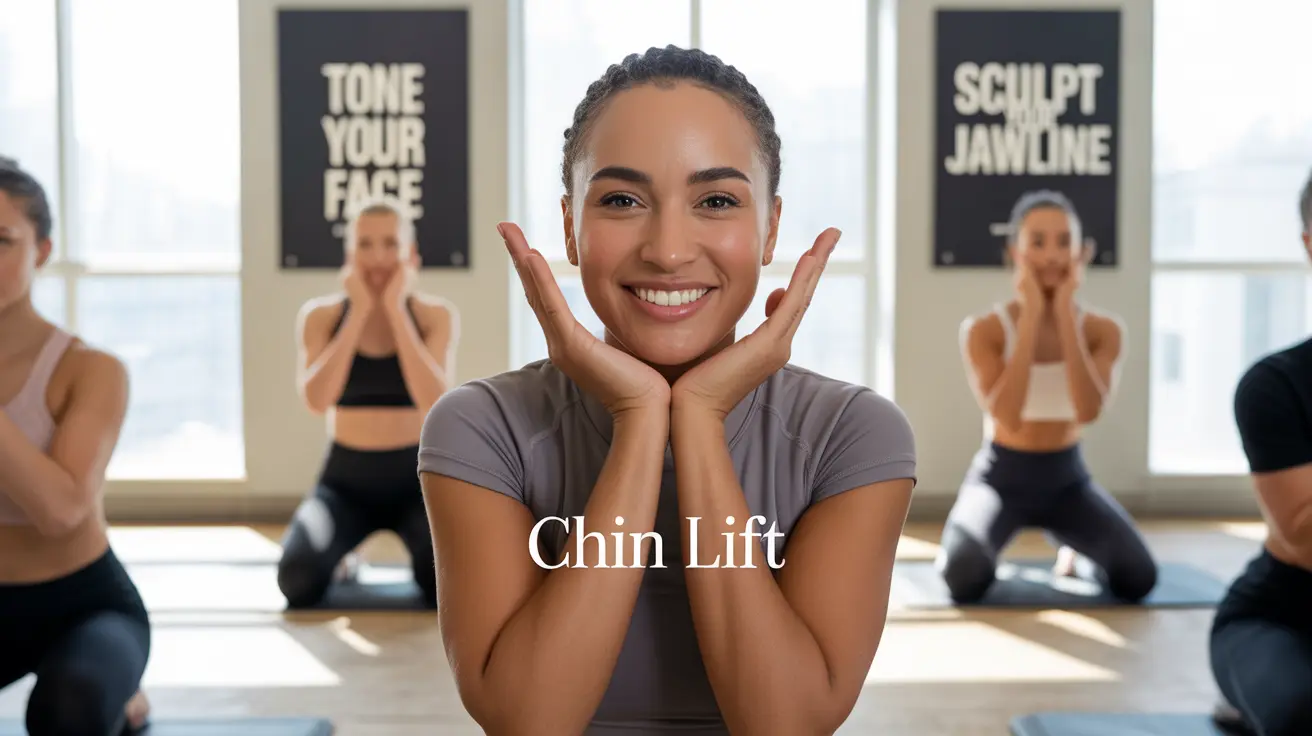 Detailed illustration of a diverse individual demonstrating various facial exercises targeting double chin reduction in a bright fitness studio