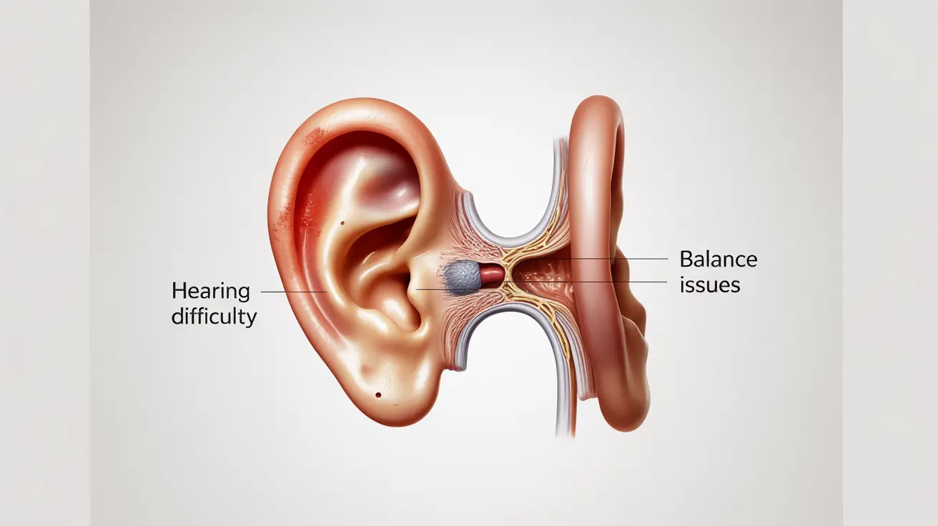 Detailed anatomical illustration showing both human ears with indicators of infection such as inflammation and fluid buildup, clinical context with labels of symptoms like hearing difficulty and balance issues, on a white background.
