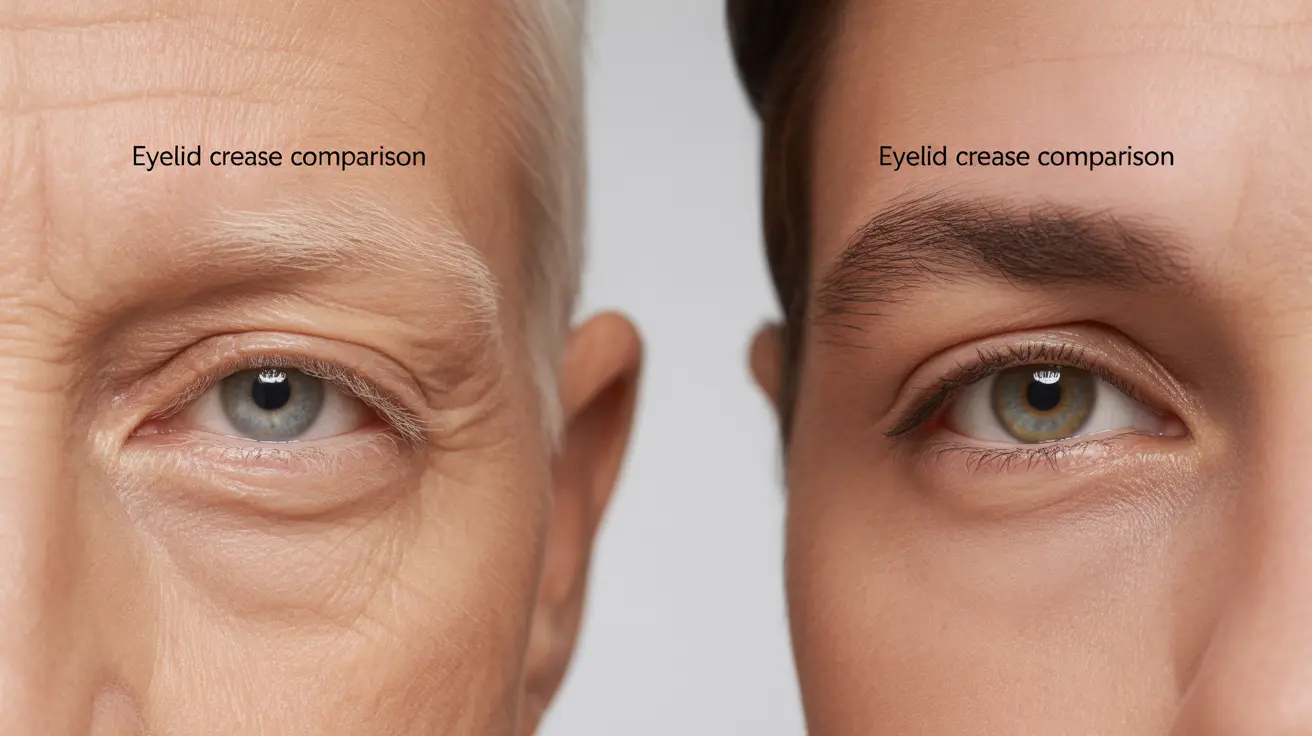 Detailed illustration close-up of human eyelids showing double and single eyelid crease comparison labeled for educational purposes