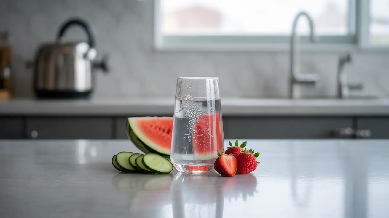 A glass of water on a kitchen counter with watermelon, cucumber, and strawberries, encouraging hydration