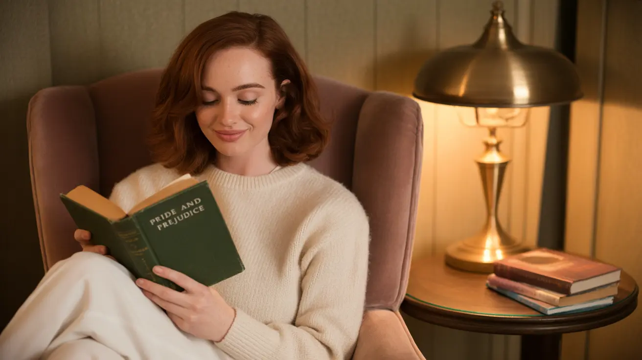 Person in a plush chair holding a book, eyes closing, in a cozy, warmly lit living room
