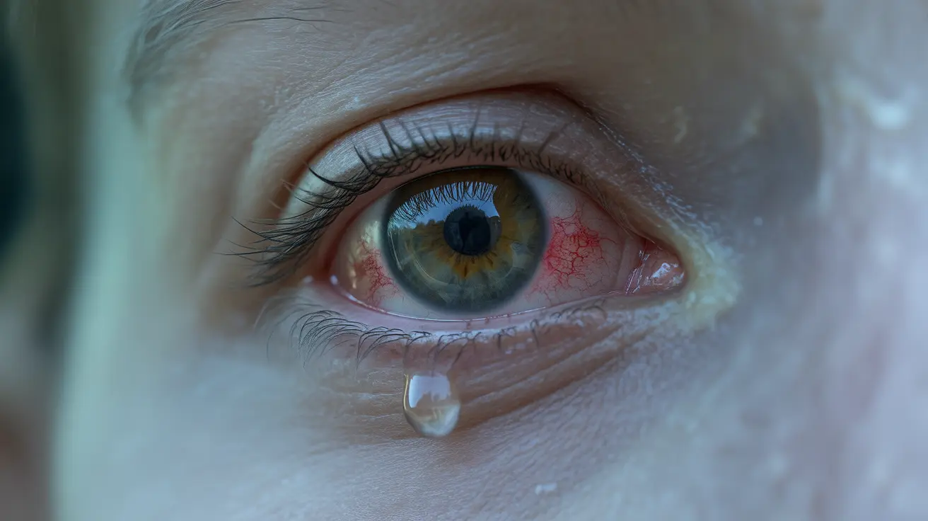 Detailed illustration of a human eye showing dryness and irritation with redness and particles, set against a gradient background.