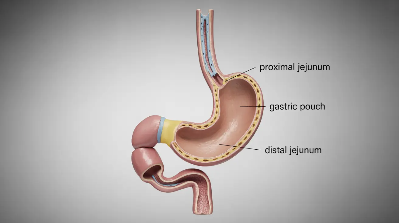 Detailed illustration of dual switch surgery components showing creation of a smaller tubular stomach and rerouted intestines with clear labels on a neutral abstract medical background