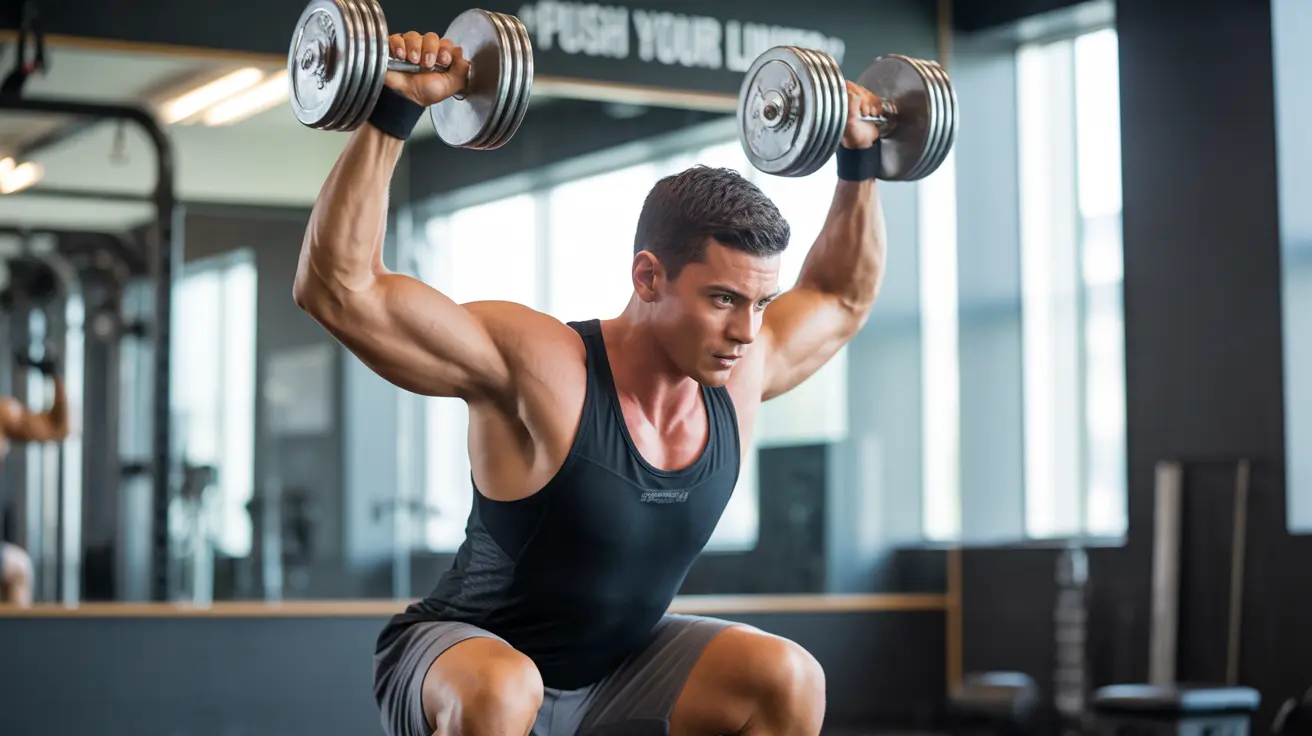 Person in gym performing pull phase of dumbbell high pull, with hips and knees extended, dynamic atmosphere