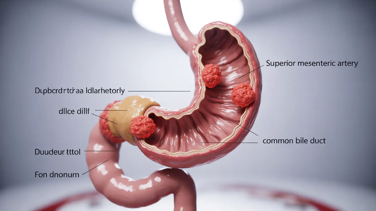 Detailed illustration of the duodenum with highlighted cancerous growths, clinical mood