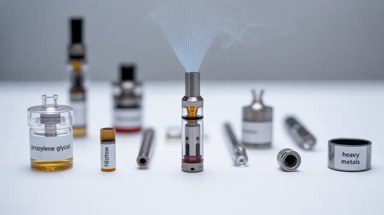 Detailed illustration of an e-cigarette with labeled components such as propylene glycol, nicotine, and heavy metals, set against an abstract background symbolizing health risks.