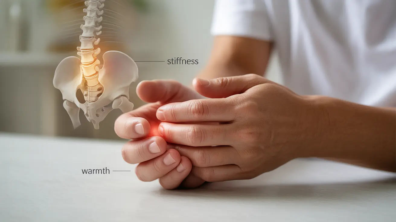 Detailed illustration of hands with inflamed and swollen finger joints, labeled symptoms like stiffness and warmth, anatomical background highlighting inflammation