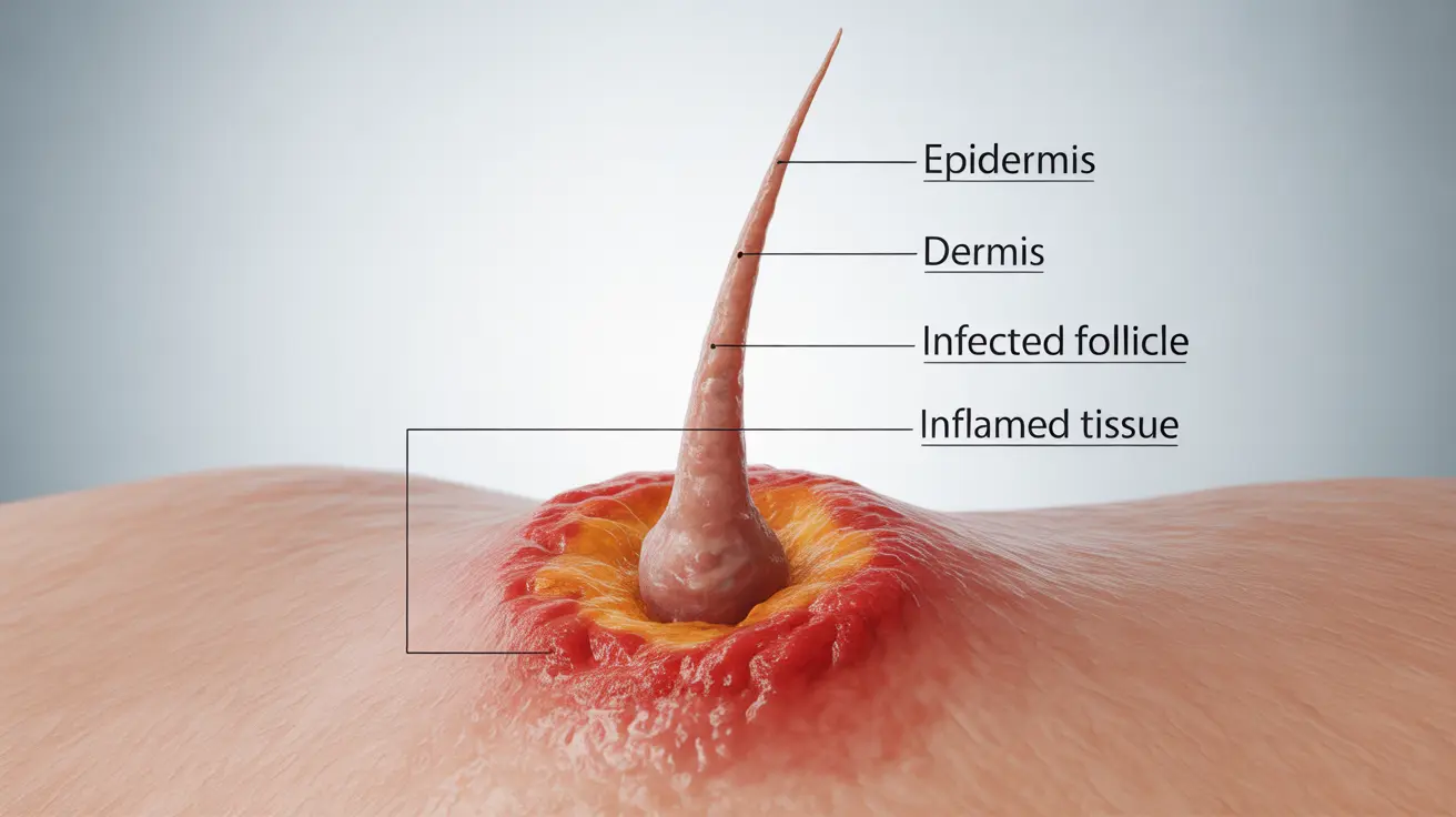 Detailed illustration of human skin cross-section showing early-stage boil infection, highlighting swollen tissue around hair follicle with informative labels.