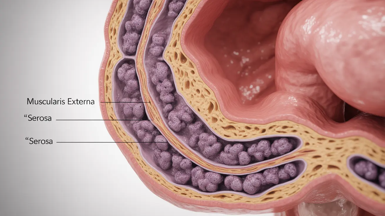 Illustration cross-section of the human colon, showing early stage cancer cells in inner layers, informative clinical style, labeled anatomy on neutral white background