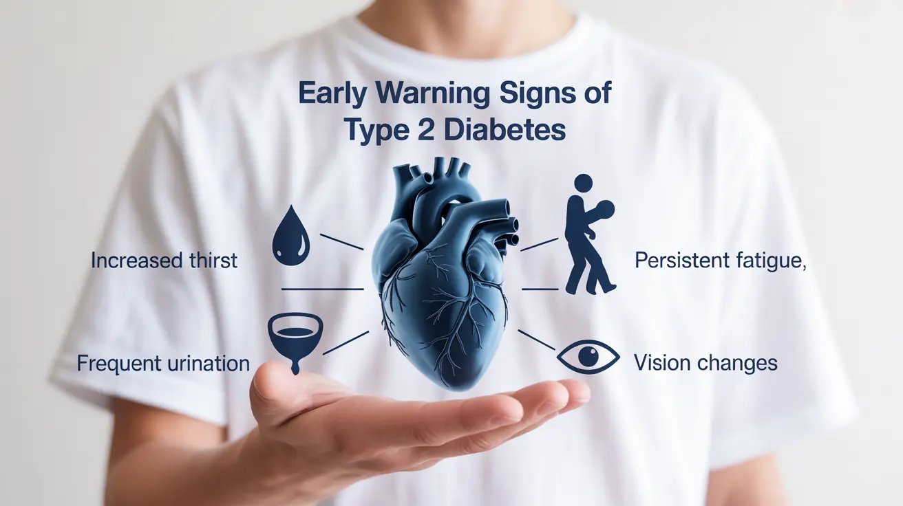 Detailed illustration, infographic style, showing key early warning signs of type 2 diabetes: increased thirst, frequent urination, persistent fatigue, and vision changes.