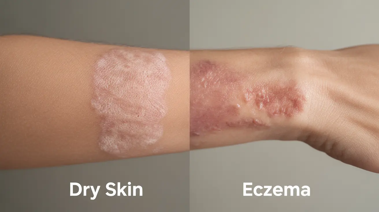 Illustration comparing dry skin and eczema, shows flaky texture and mild redness on one side, intense itching and red inflamed patches with thickened texture on the other, clinical background with labels.