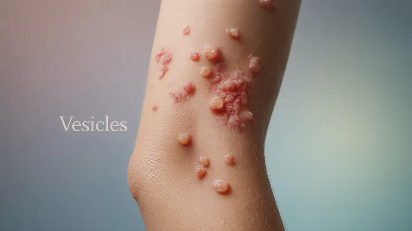 Detailed illustration of human skin showing eczema symptoms like dryness, redness, and leaking bumps, with labels