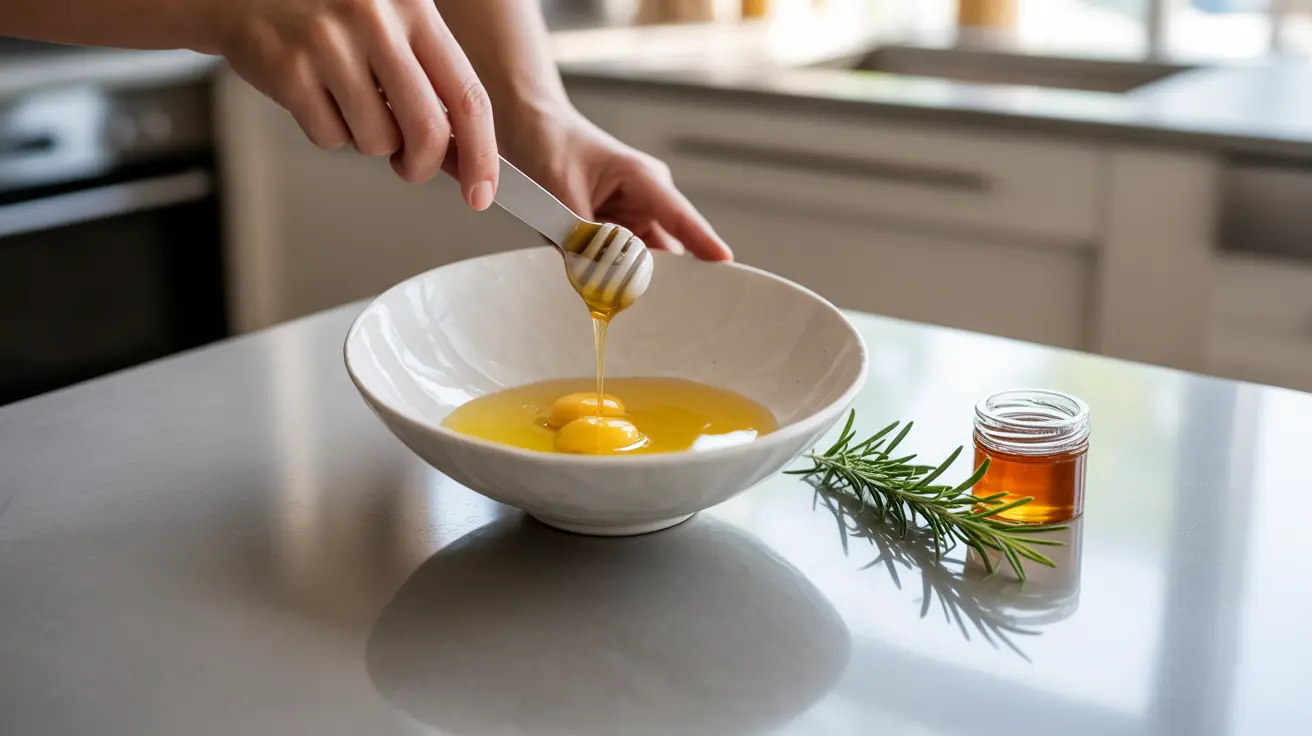 Hands mixing egg yolks, olive oil, and honey in a bowl on a modern kitchen counter, bright natural daylight inviting atmosphere.