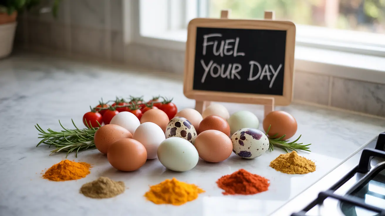 Detailed illustration of a variety of eggs on a kitchen counter, surrounded by fresh vegetables and spices, showcasing nutritional components.