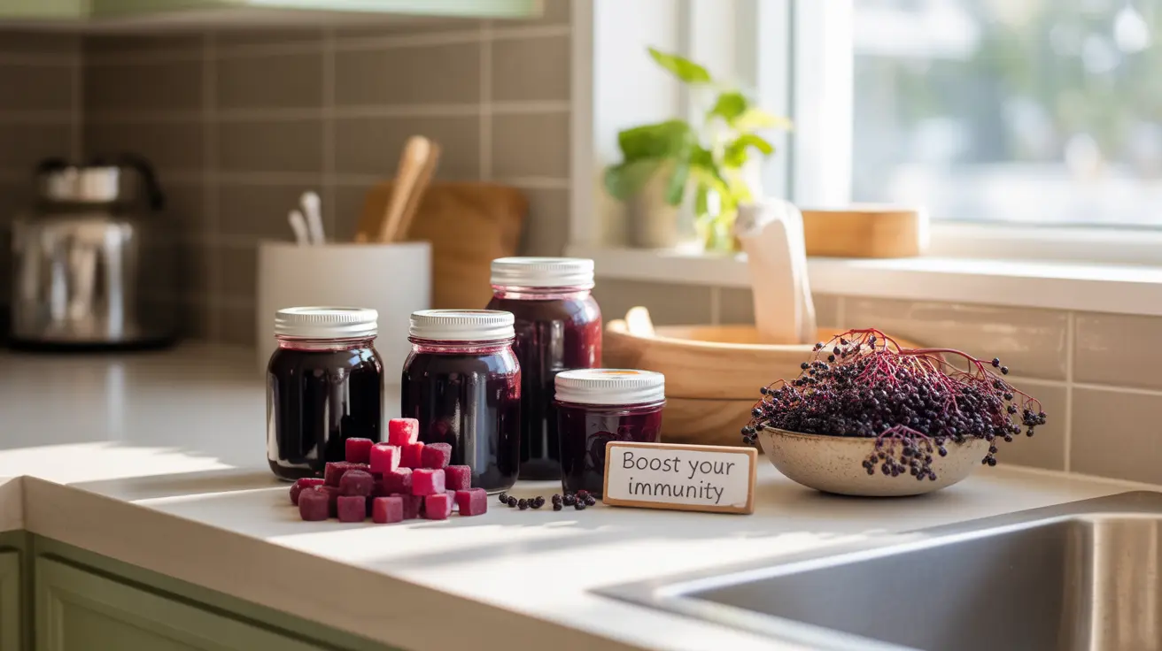 Bright kitchen countertop with various elderberry supplements and fresh dark purple elderberries, illuminated by natural sunlight