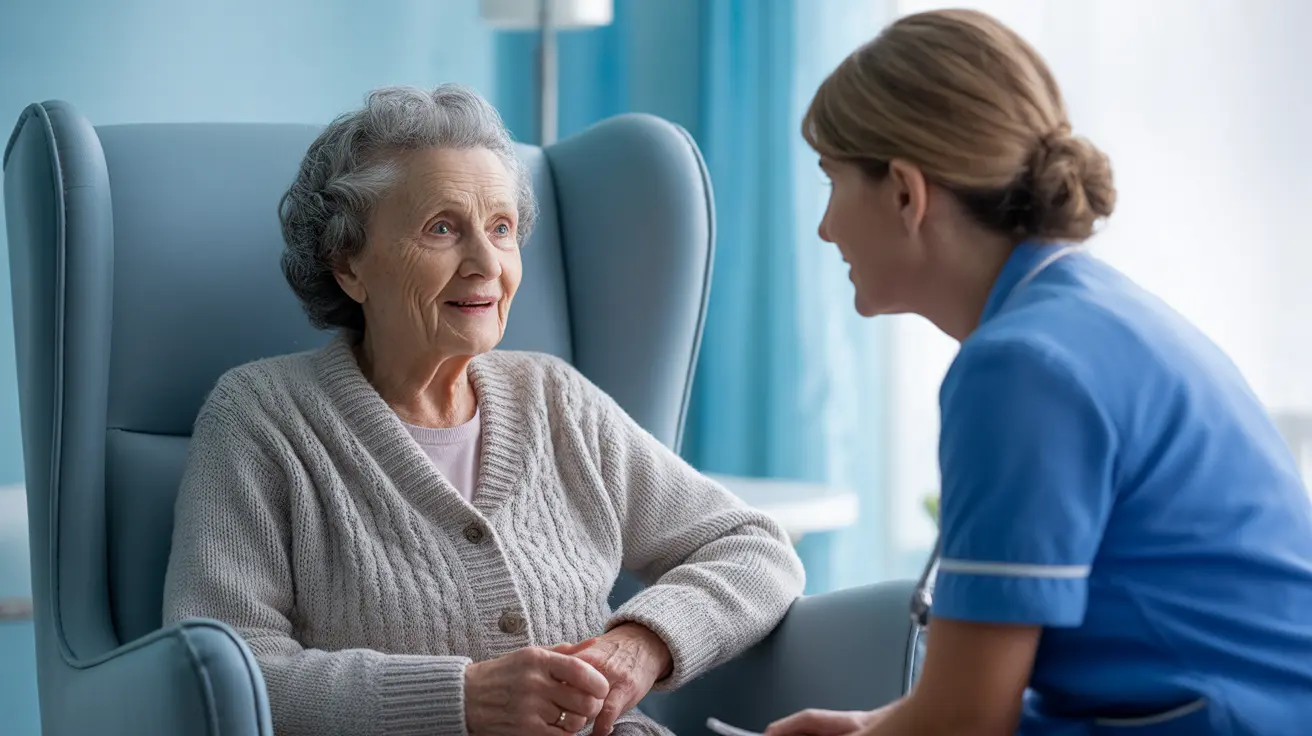 Elderly person in a thoughtful conversation with a healthcare professional in a warm, inviting clinical setting.