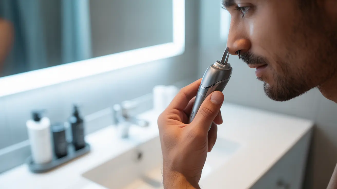 Close-up of electric nose hair trimmer being used in a bright, well-lit bathroom focusing on the trimmer's safety features