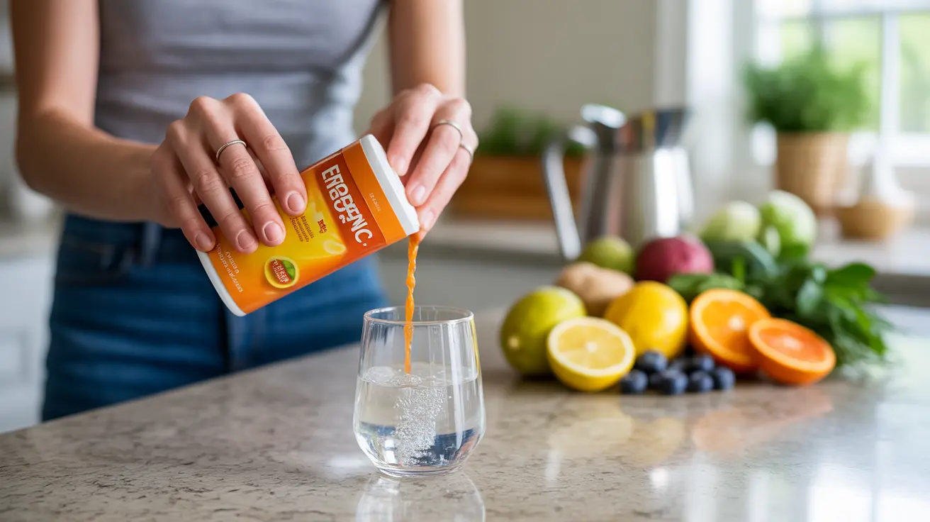 Person mixing Emergen-C powdered supplement into a glass of water on a kitchen counter with fresh fruits and vegetables in the background