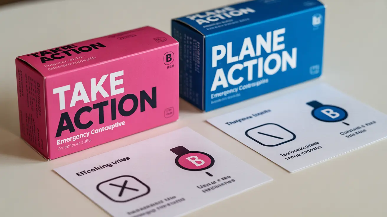 Infographic comparing Take Action and Plan B emergency contraceptive pills, showing packaging and differences on neutral background