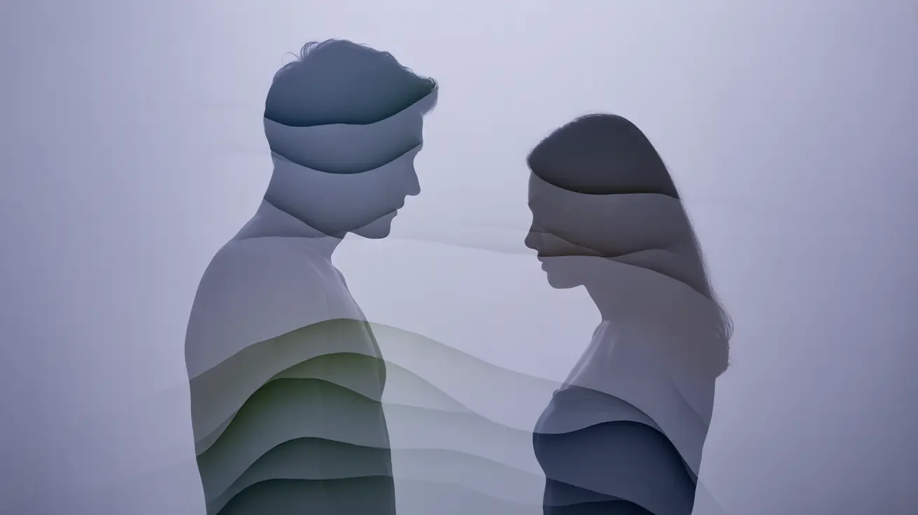 Abstract illustration of a couple with an emotional gap between them, using abstract shapes and cool color tones to symbolize separation and introspection.