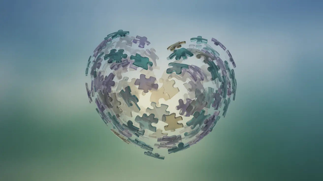 Abstract concept of emotional fragmentation and healing with floating shards or puzzle pieces merging against a soothing gradient background symbolizing recovery from betrayal trauma