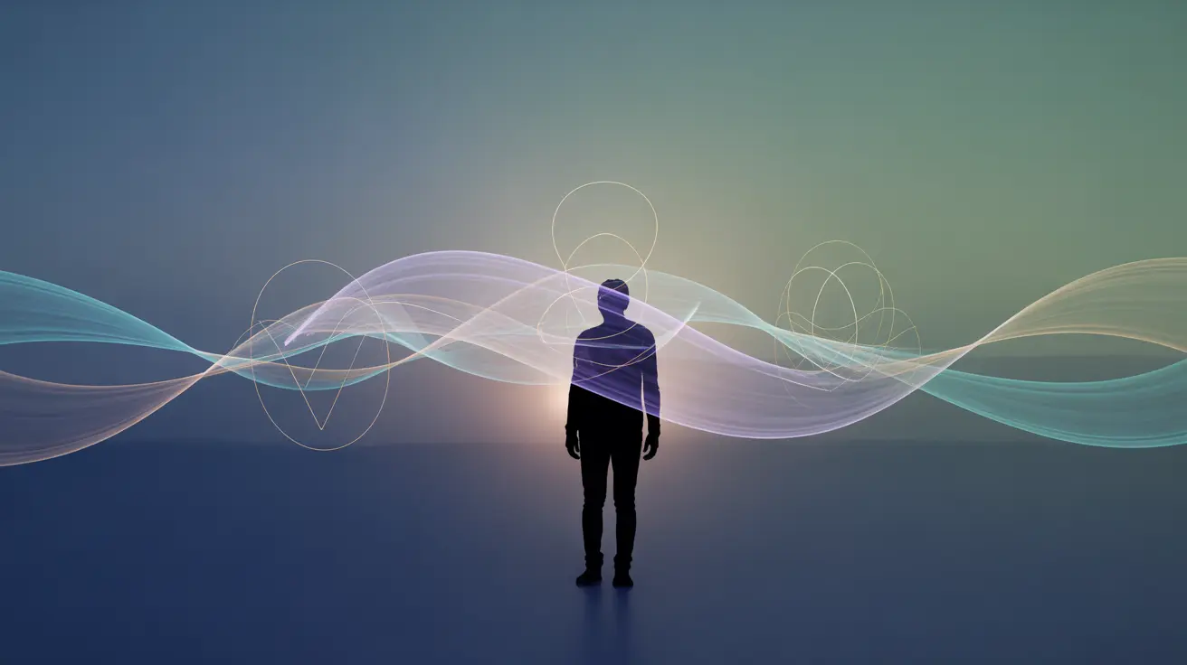 Human silhouette surrounded by colorful energy waves and symbols, representing emotions and empathy, with a soothing gradient background.