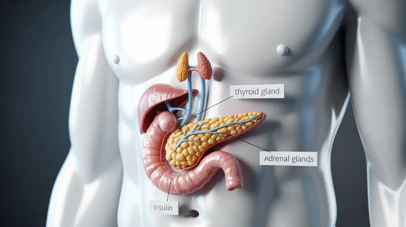 Illustration of human endocrine system focusing on pancreas and insulin production, with labels for thyroid and adrenal glands, on a white background