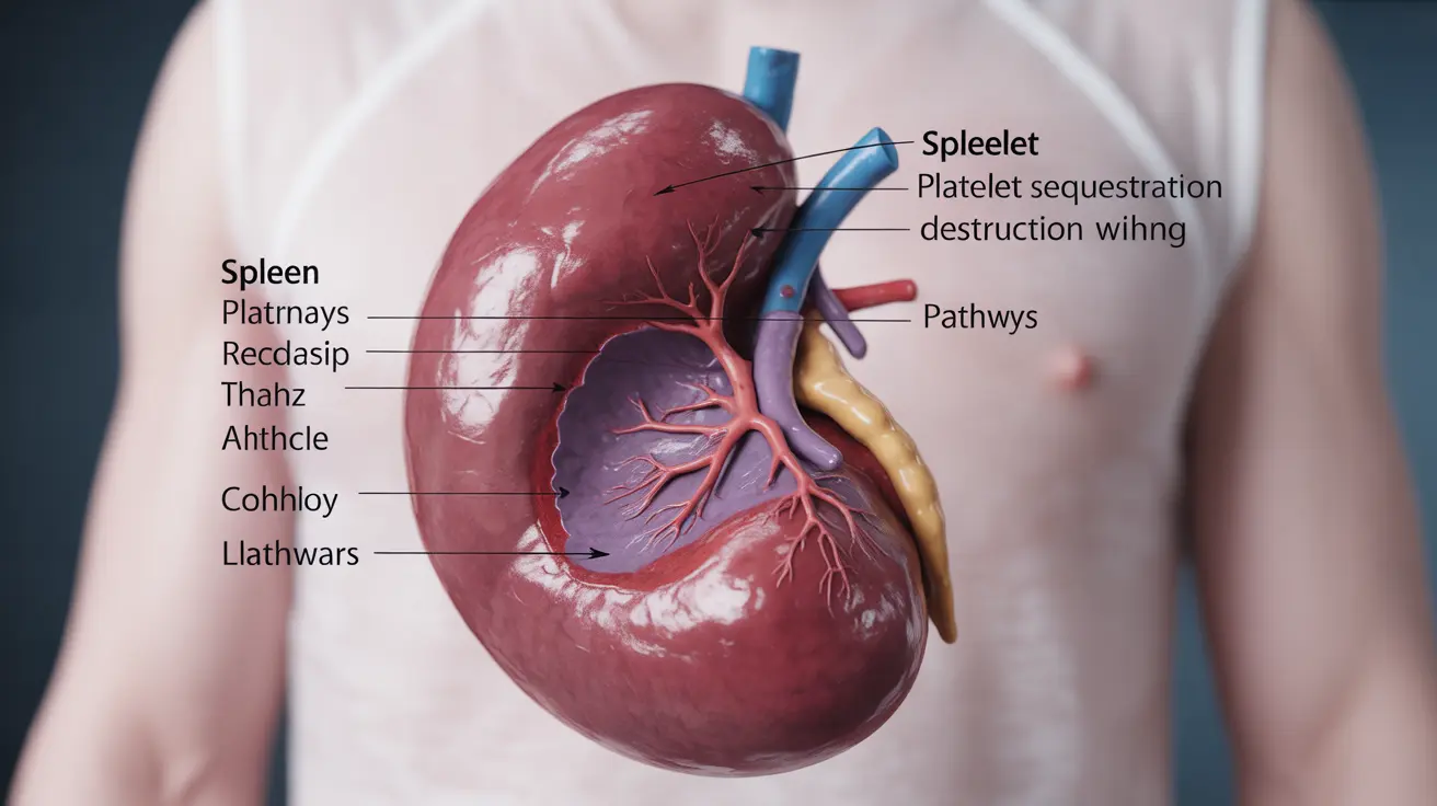 Detailed illustration, anatomical depiction of an enlarged spleen, with arrows showing platelet sequestration and destruction, clear labels for spleen and pathways, neutral clinical background, informative and educational mood