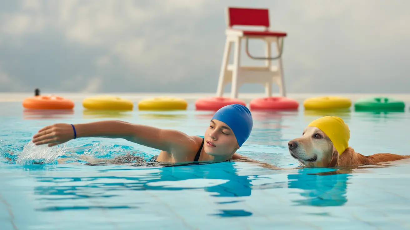 Person with epilepsy swimming in a pool with a companion, both in bright swim caps, visible lifeguard stand and flotation devices