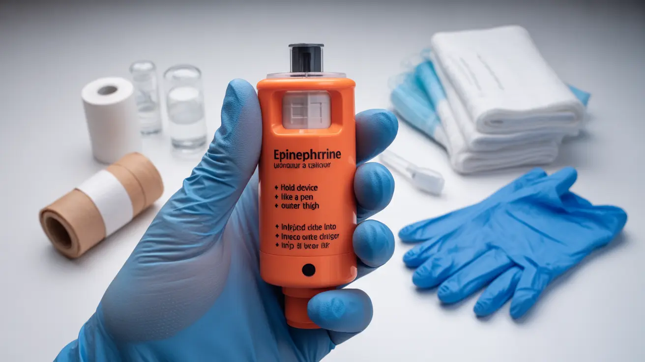 Detailed illustration of an epinephrine auto-injector with labels showing the injection technique, in a bright clinical setting with additional medical supplies like gloves and bandages in the background.