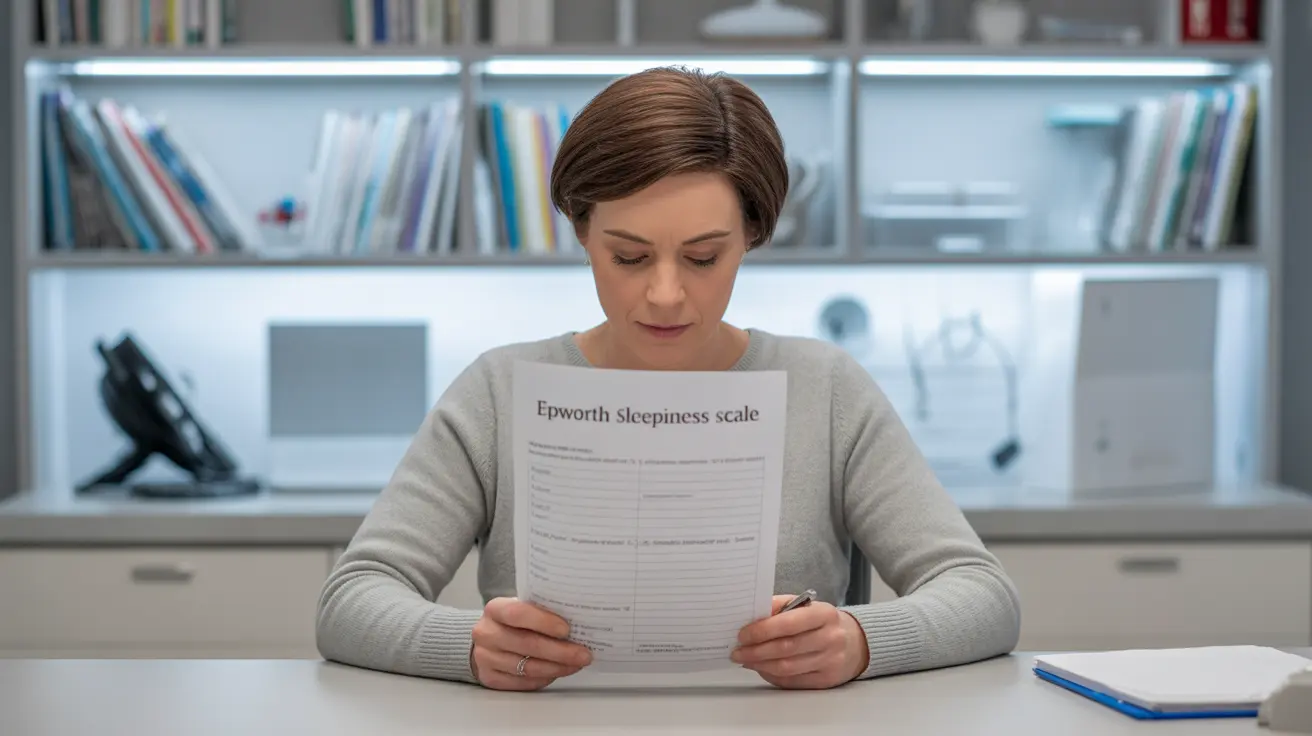 Person thoughtfully filling out the Epworth Sleepiness Scale questionnaire in a calm clinical office, with medical books and tools in the background.