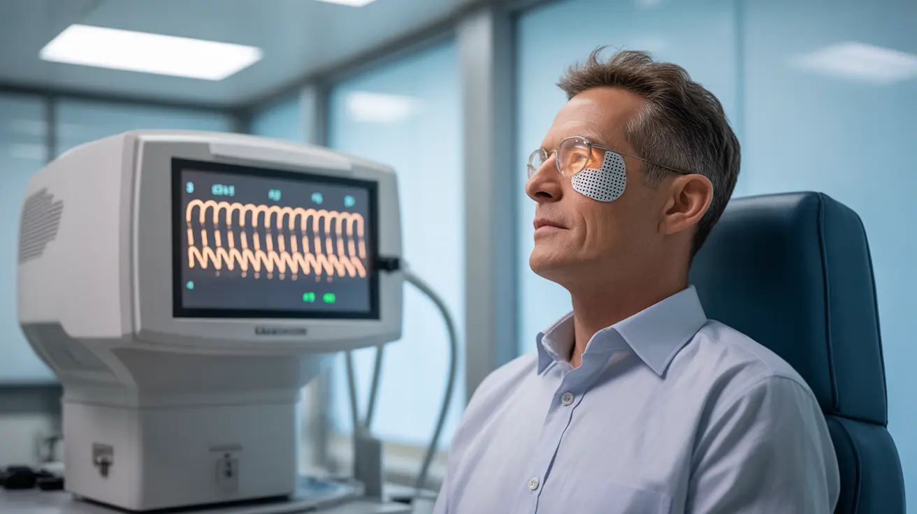 Patient undergoing ERG eye test in diagnostic room with contact lens electrodes, device emitting light patterns, bright clinical setting
