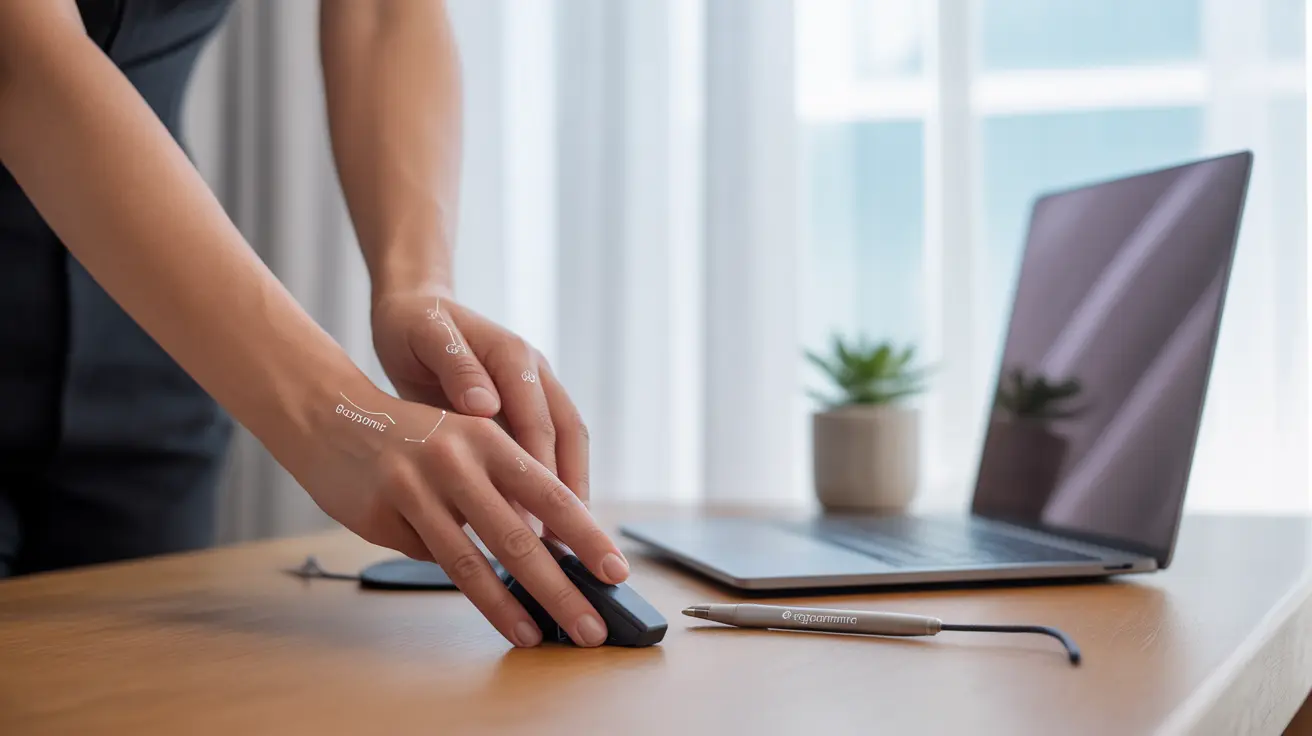 Detailed illustration showing a person's hands in proper ergonomic positions while using various tools in an office setting, with labeled joints and ergonomic devices.