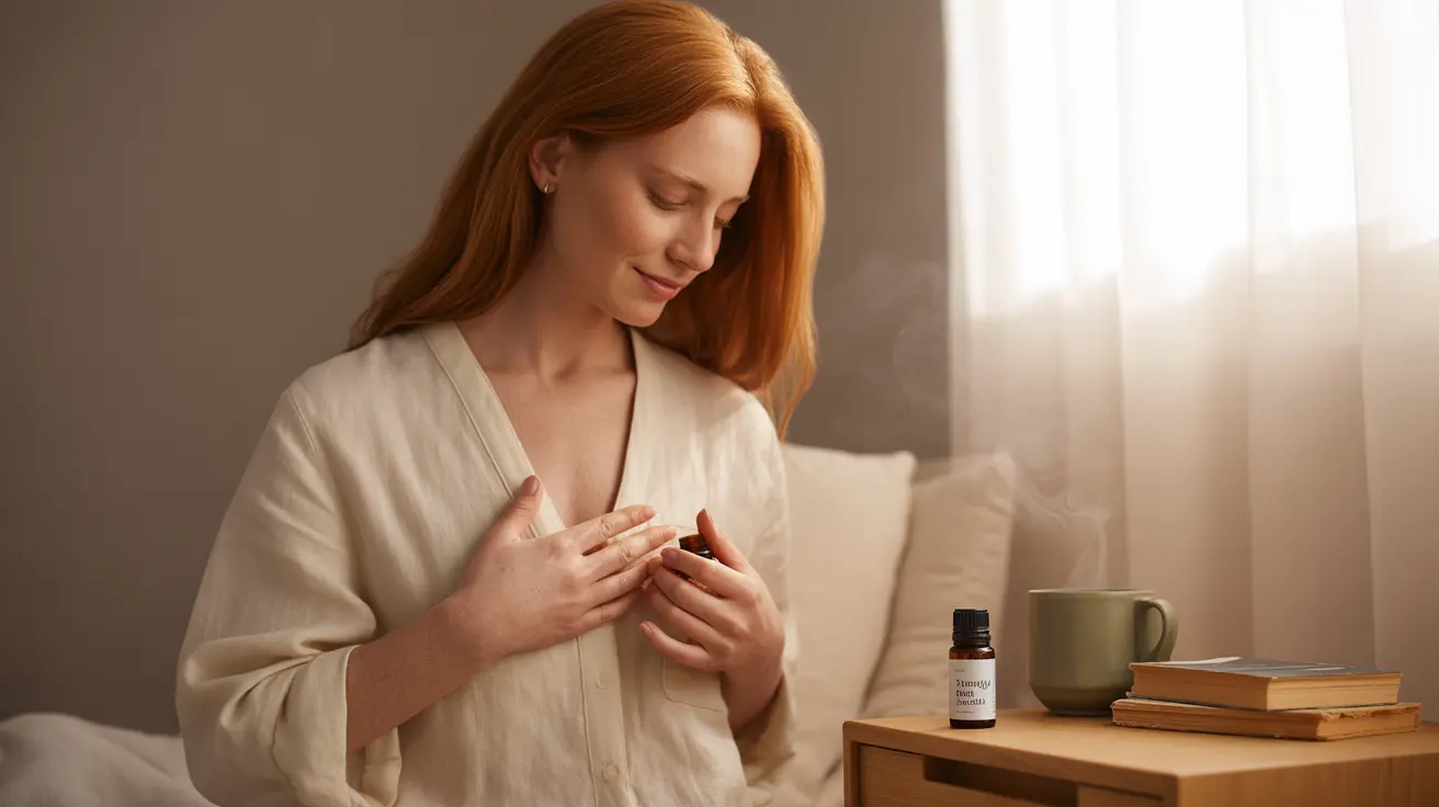 Detailed illustration of a person in a serene home setting, applying diluted essential oils to their upper chest and throat area, with a bottle of essential oil visible nearby.