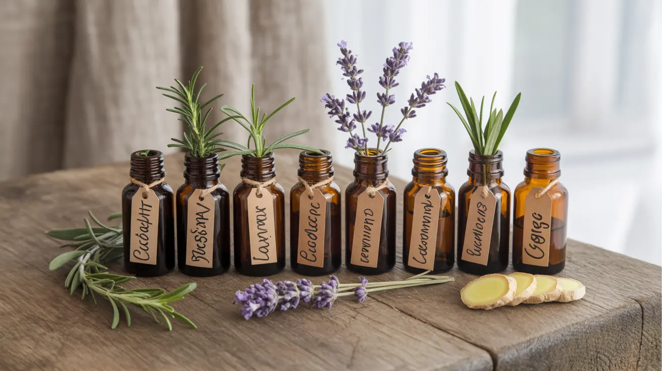 Illustration with small glass bottles of eucalyptus, rosemary, lavender, peppermint, lemongrass, ginger oils with herbs on natural background