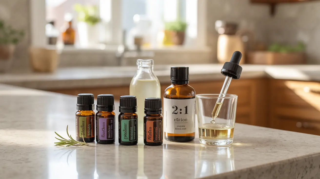 Detailed illustration of essential oils like wintergreen, peppermint, and eucalyptus with carrier oils on a bright kitchen counter, demonstrating proper dilution.